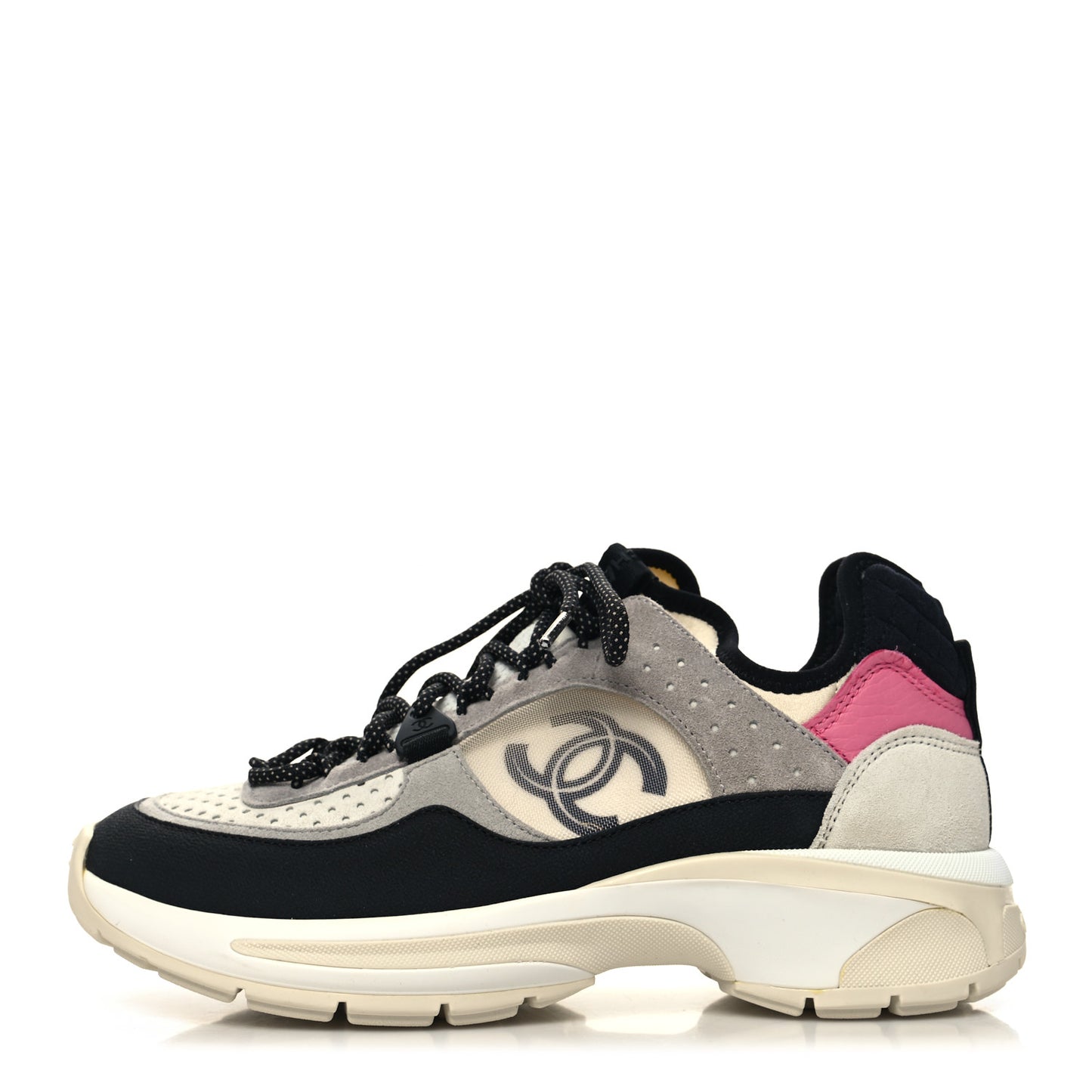 Fabric Suede Calfskin Mesh Womens CC Sneakers 36.5 Black Pink Ivory