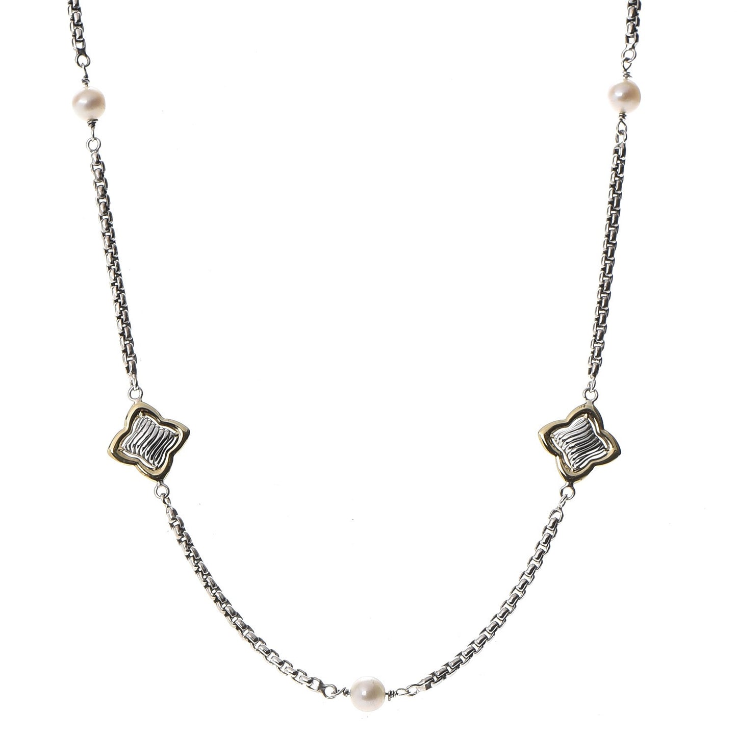 Sterling Silver 18K Yellow Gold Pearl 14mm Quatrefoil Station Necklace