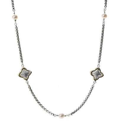 David Yurman Sterling Silver 18K Yellow Gold Pearl 14mm Quatrefoil Station Necklace 1 of 6