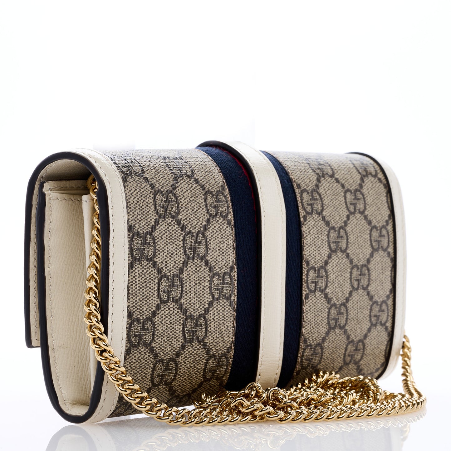 GG Supreme Monogram Textured Calfskin Web Jackie 1961 Chain Wallet Beige Ebony Mystic White