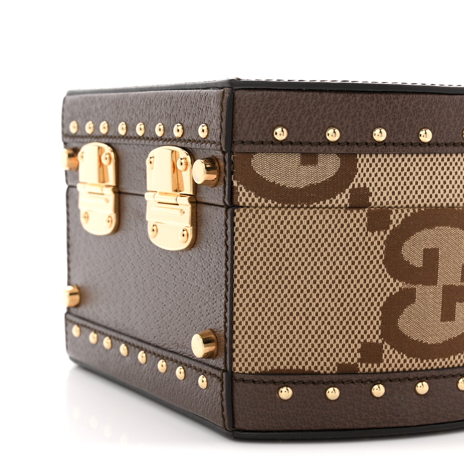 Gucci Monogram Jumbo GG Textured Dollar Calfskin Web Mini Savoy Hat Box Camel Ebony New Acero 9 of 10