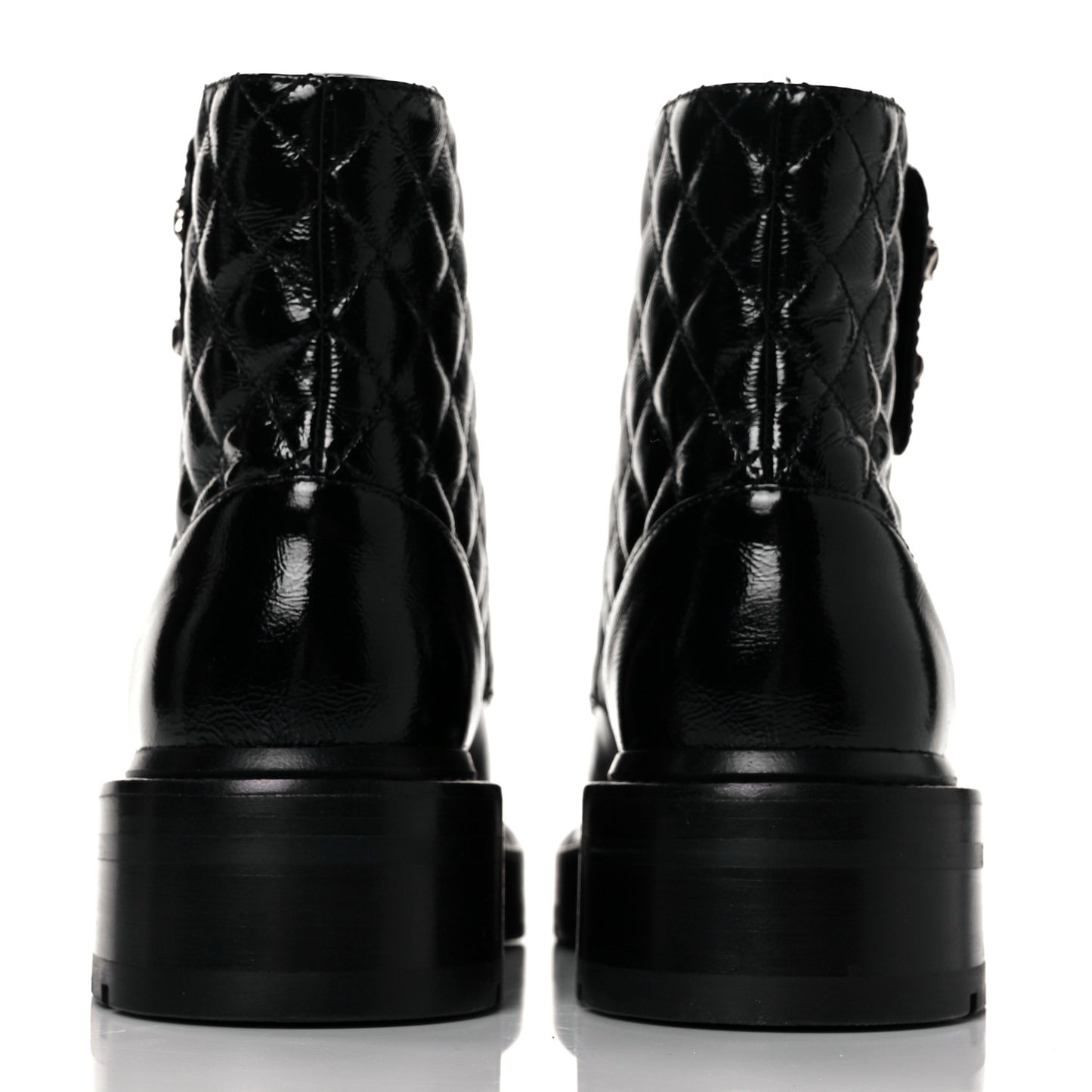 Shiny Calfskin Quilted Lace Up Combat Boots 35.5 Black