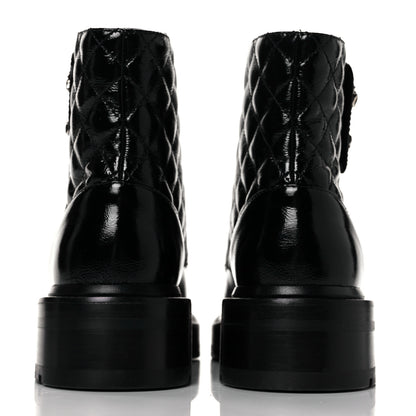 Chanel Shiny Calfskin Quilted Lace Up Combat Boots 35.5 Black 5 of 9