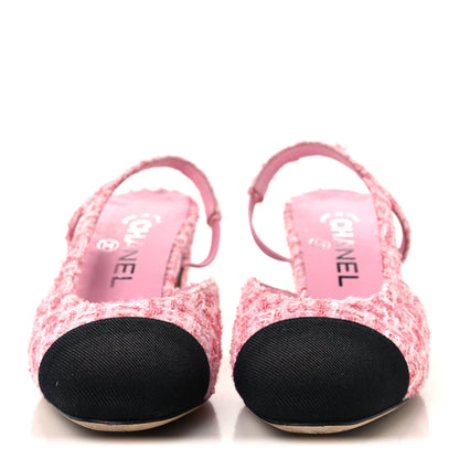 Chanel Tweed Grosgrain Cap Toe CC Slingback Pumps 36 Pink Black 3 of 9