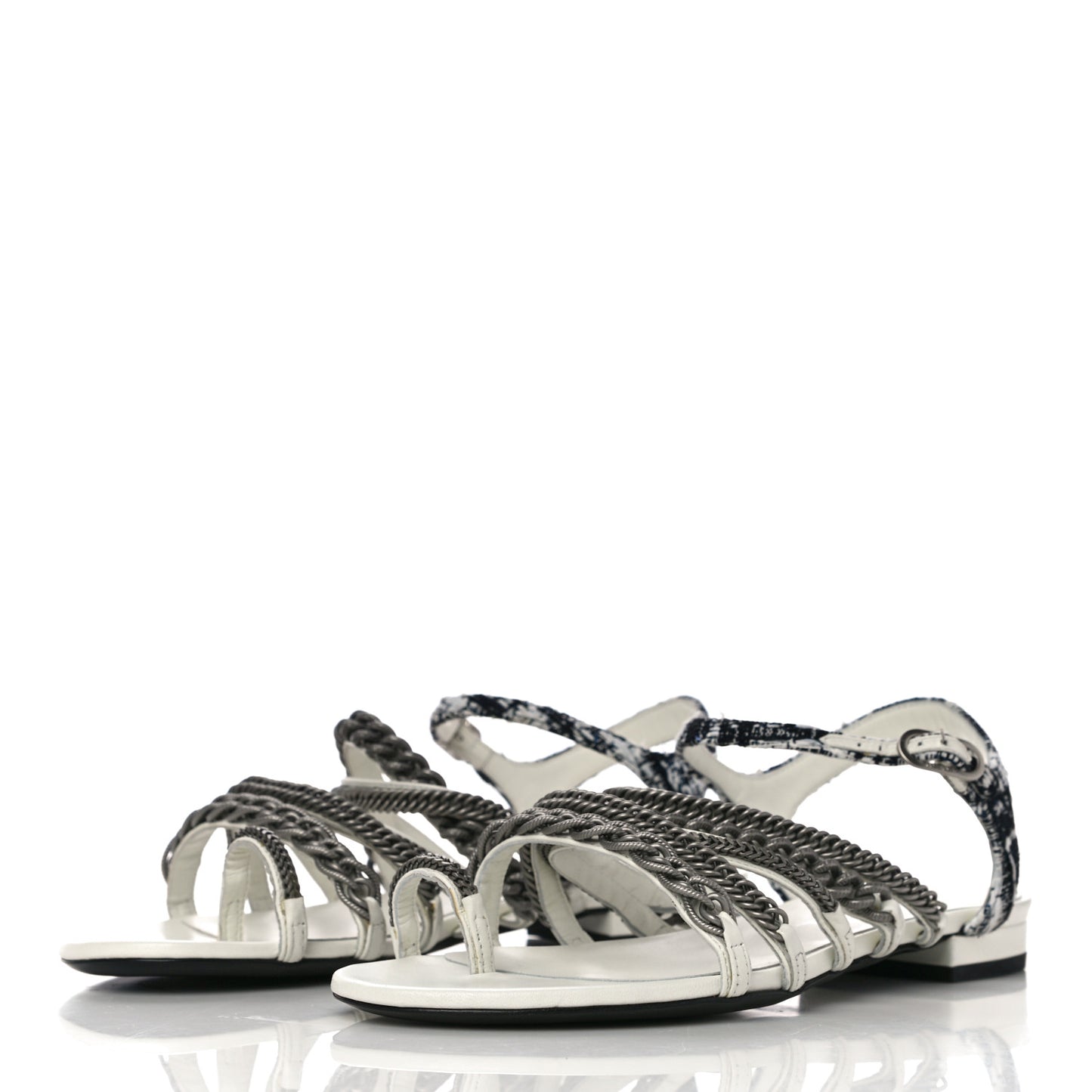 Tweed Chain Flat Sandals 37 White