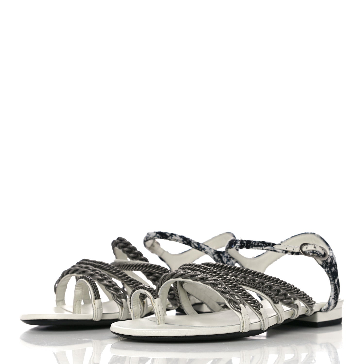 Chanel Tweed Chain Flat Sandals 37 White 4 of 12