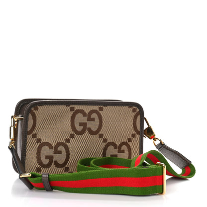 Gucci Monogram Jumbo GG Textured Dollar Calfskin Web Mini Crossbody Bag Camel Ebony New Acero 3 of 9