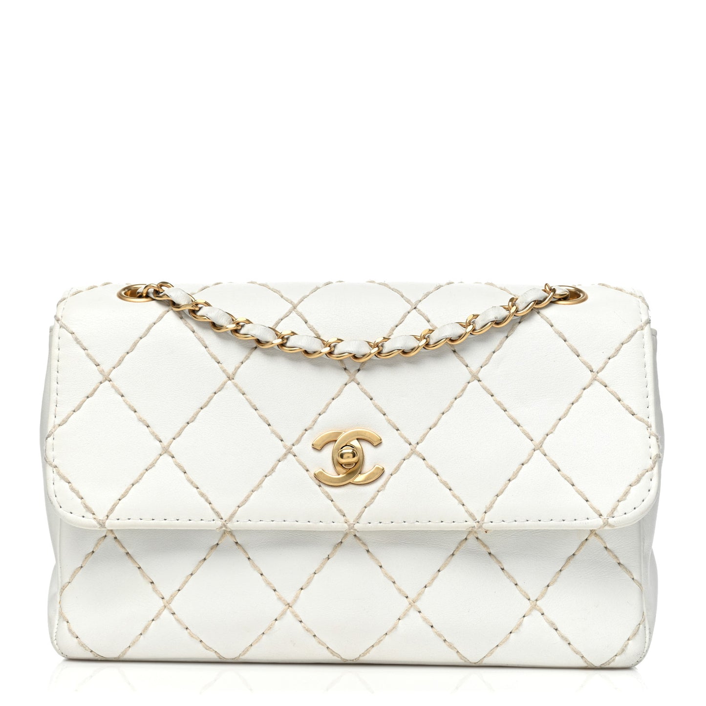 Calfskin Quilted Medium Wild Stitch Flap White