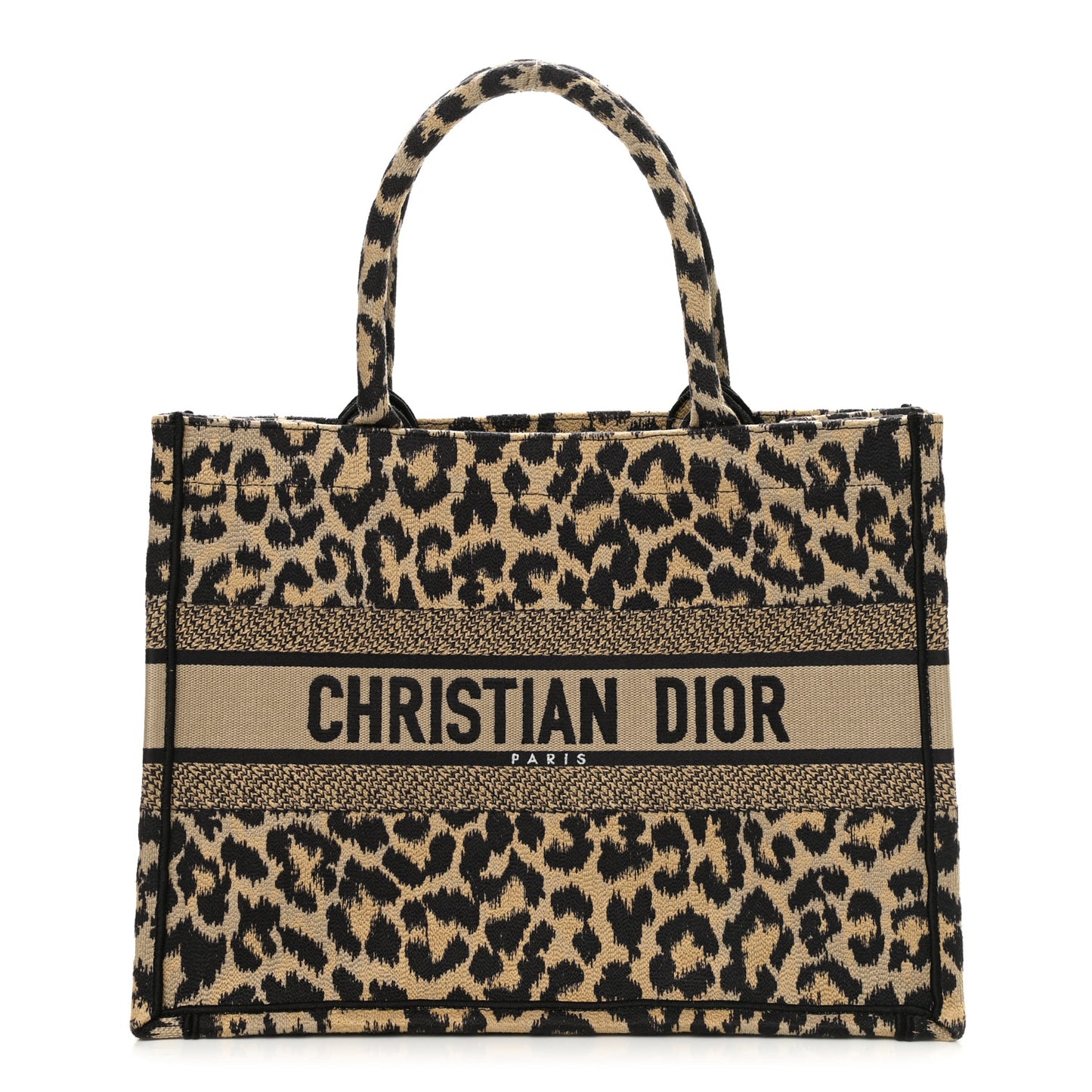 Canvas Mizza Embroidered Medium Leopard Book Tote Beige