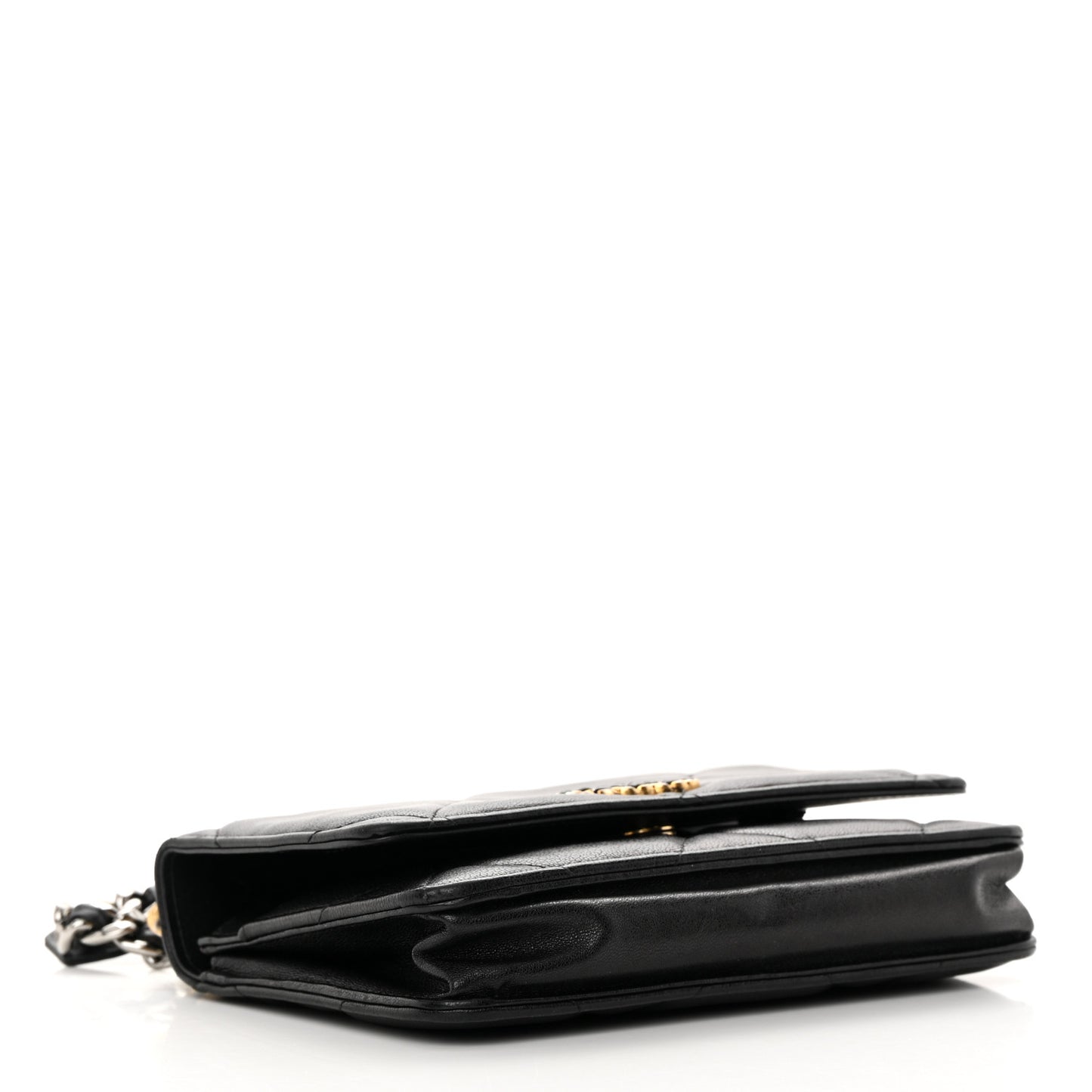 Shiny Goatskin Quilted Chanel 19 Wallet On Chain WOC Black