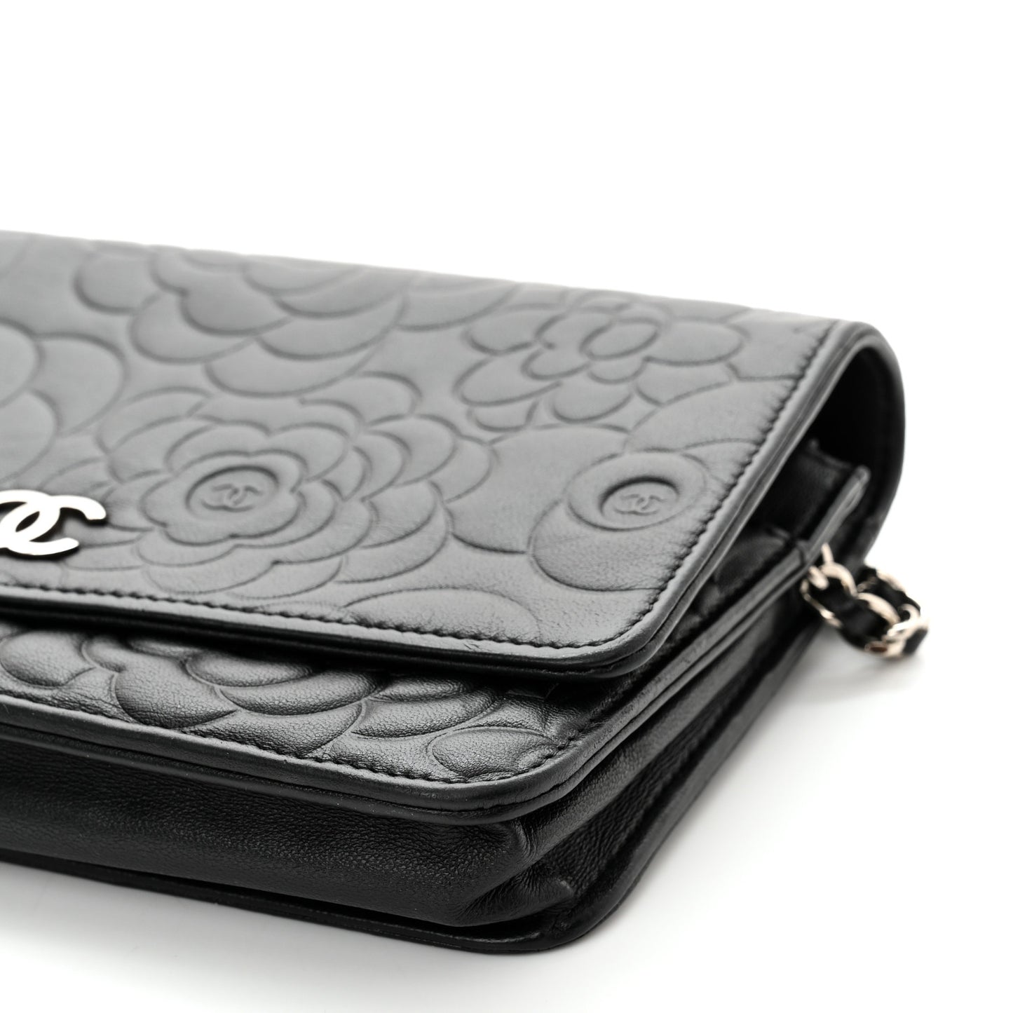 Lambskin Camellia Embossed Wallet on Chain WOC Black