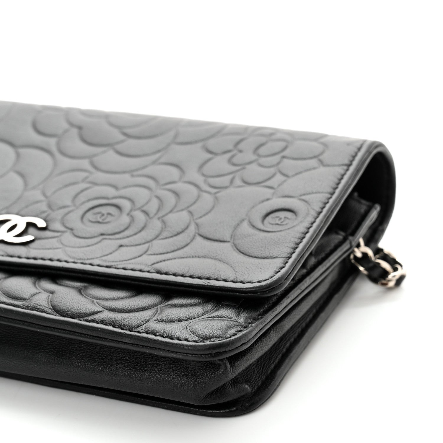 Chanel Lambskin Camellia Embossed Wallet on Chain WOC Black 10 of 10