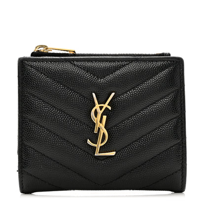 Saint Laurent Grain De Poudre Matelasse Chevron Monogram Zipped Card Case Black 1 of 6