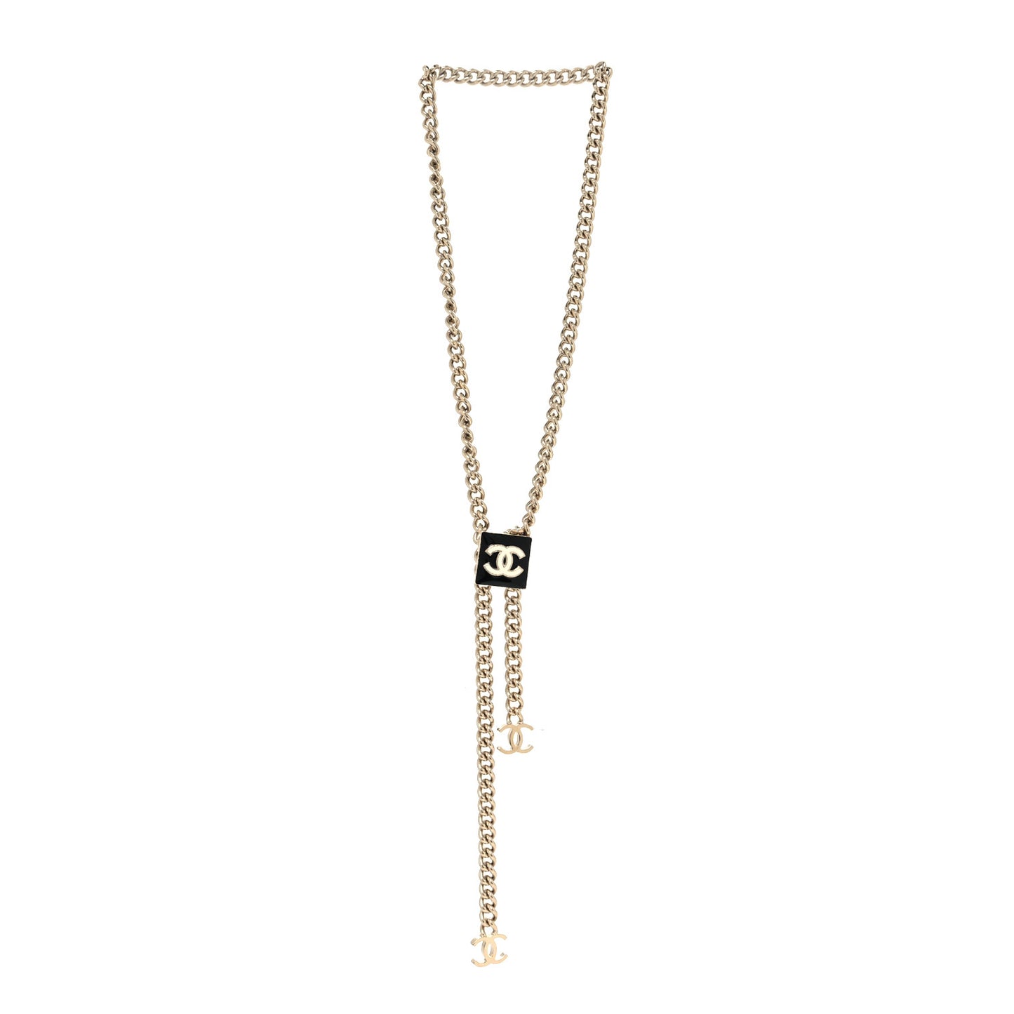 Enamel CC Lariat Necklace Black Gold Black