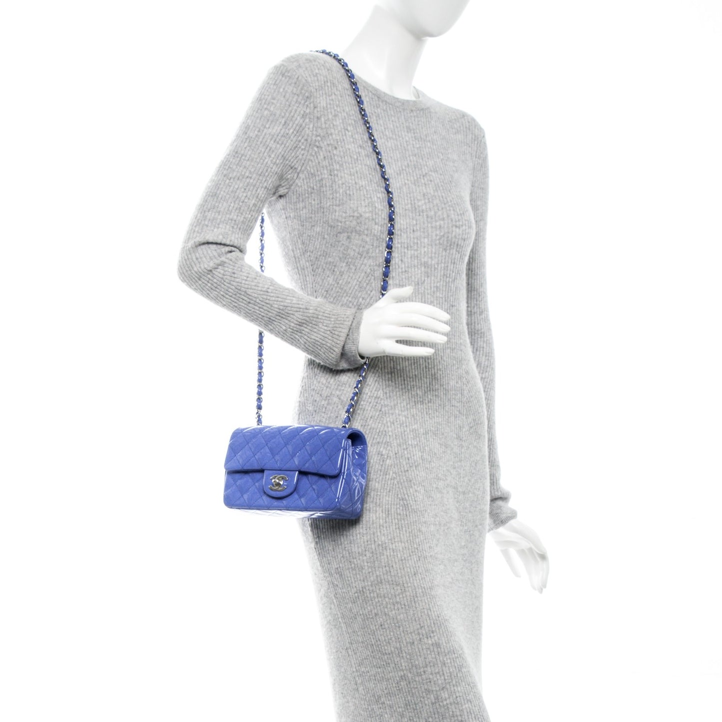 Patent Calfskin Quilted Mini Rectangular Flap Blue