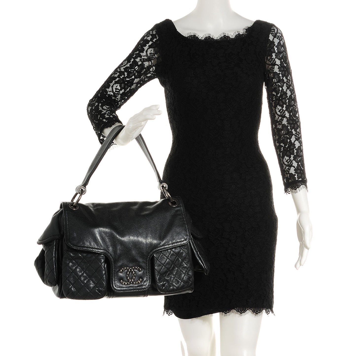 Glazed Caviar Quilted Mademoiselle Satchel Black