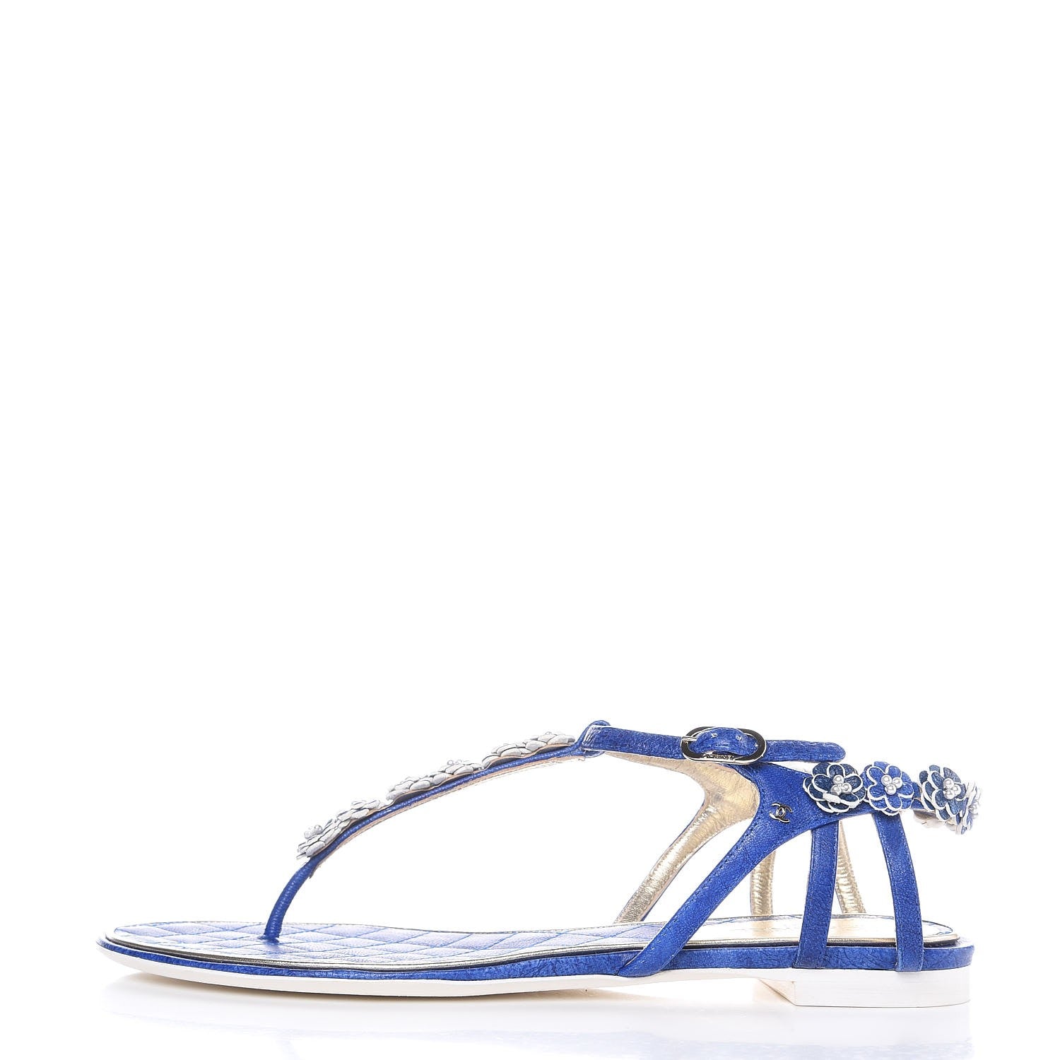 Chanel Goatskin Pearl Camellia Thong Sandals 40 Dark Blue 1 of 8