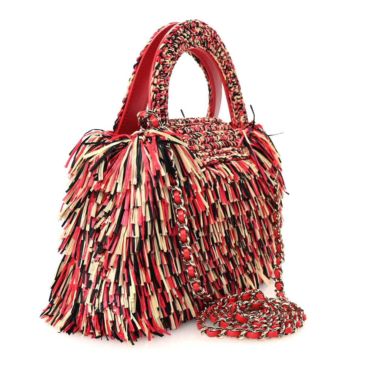 Raffia Fringe Nano Kelly Shopper Red Beige Black