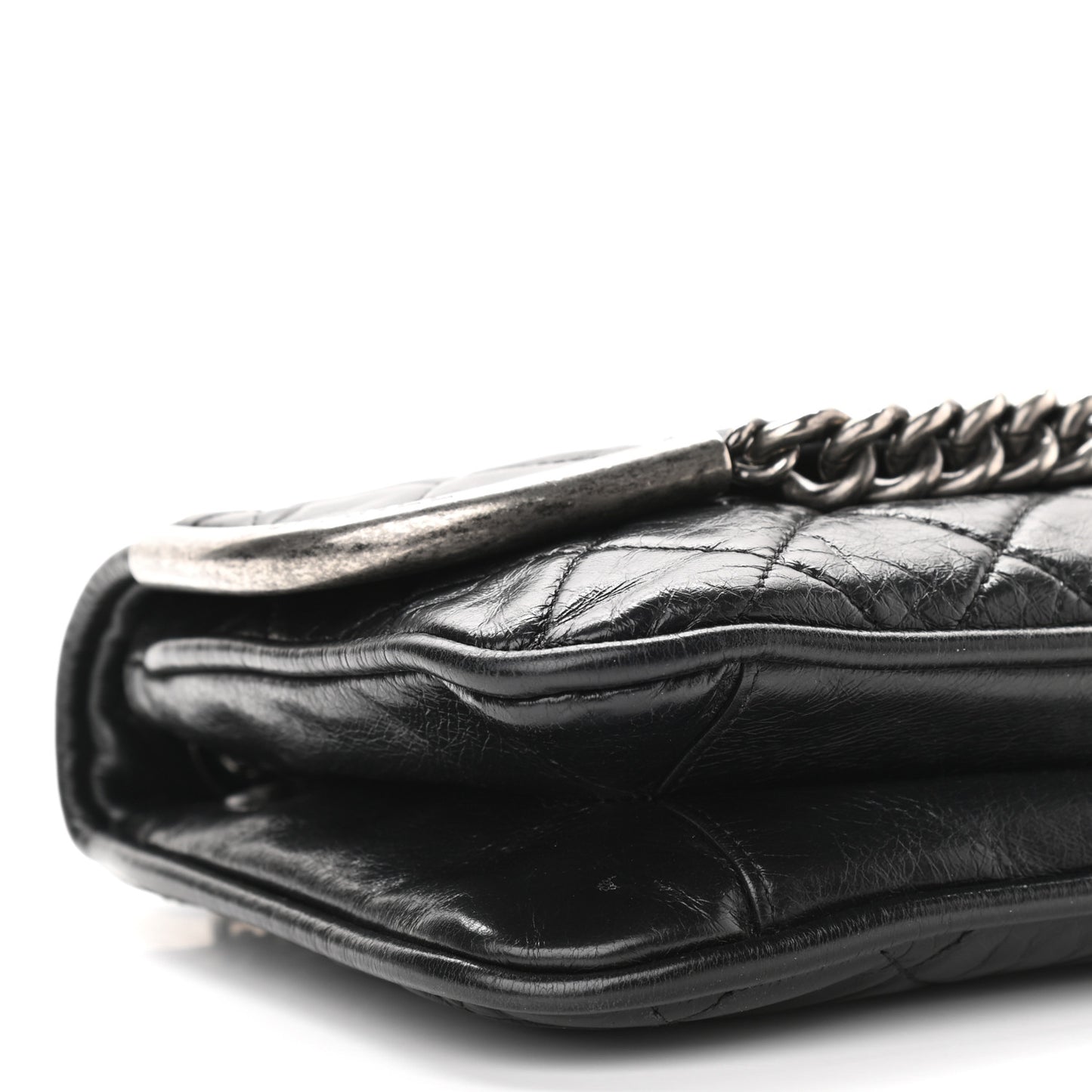 Glazed Calfskin Quilted Flap Black