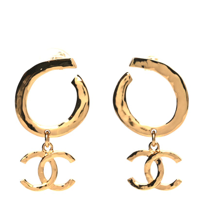 Chanel Metal Textured Hoop Drop CC Earrings Gold 1 of 4