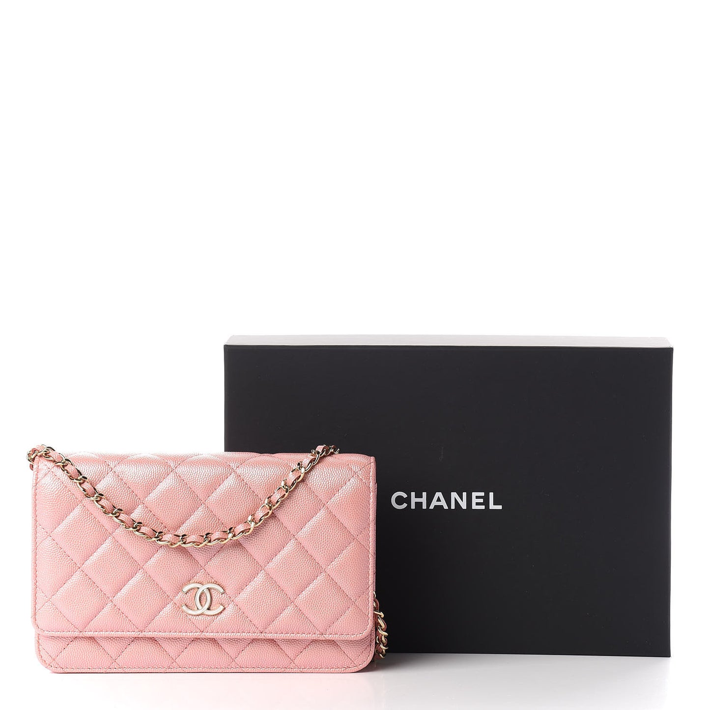Iridescent Caviar Quilted Wallet on Chain WOC Rose Pink