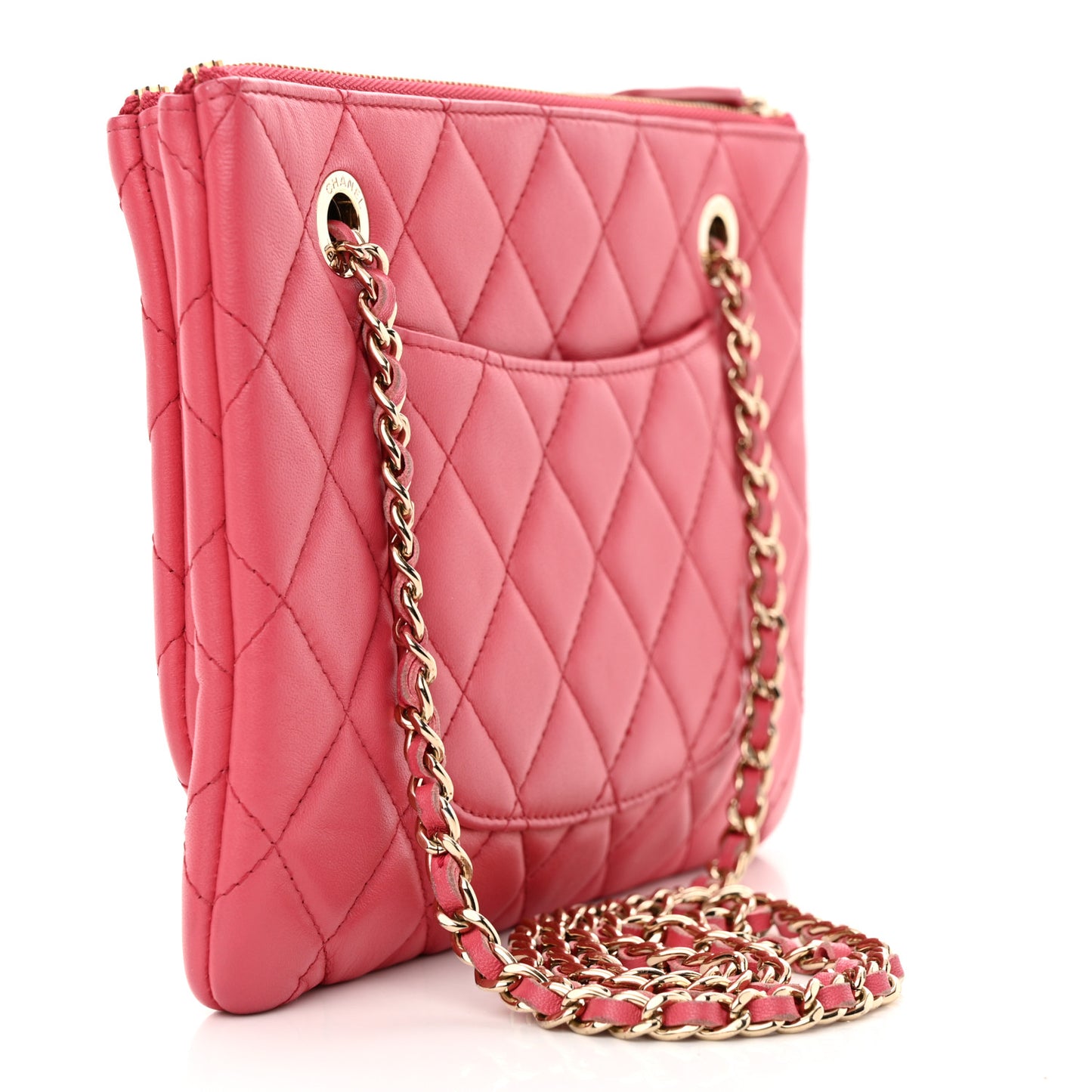 Shiny Lambskin Quilted Small Double Case With Strap Pink