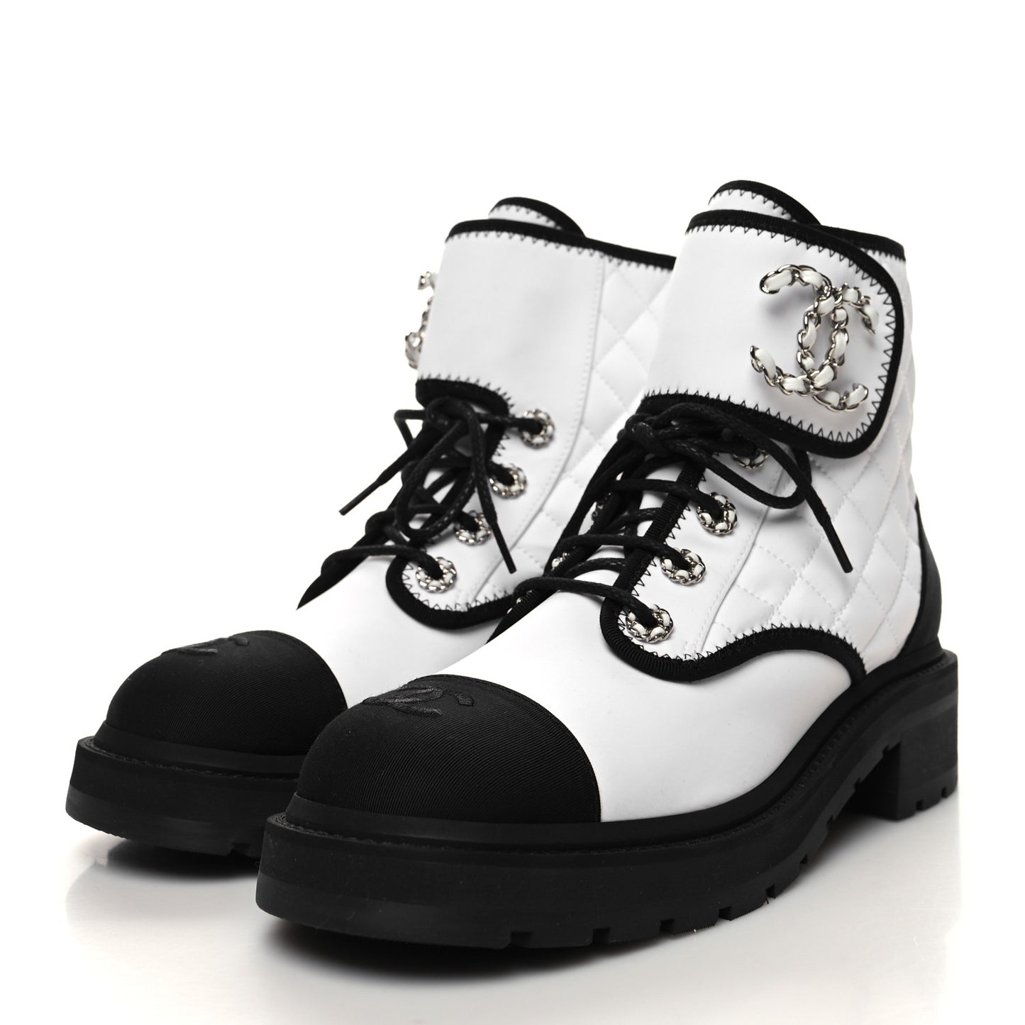 Fabric Grosgrain Quilted Cap Toe Lace Up Combat Boots 39.5 White Black