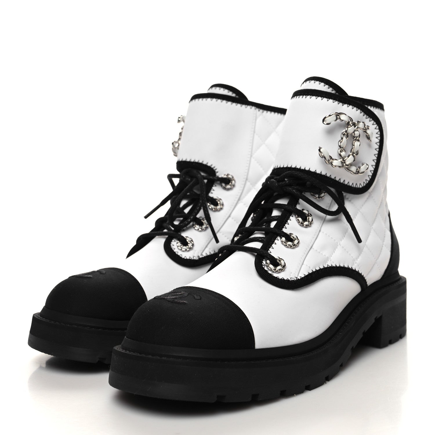Chanel Fabric Grosgrain Quilted Cap Toe Lace Up Combat Boots 39.5 White Black 3 of 7