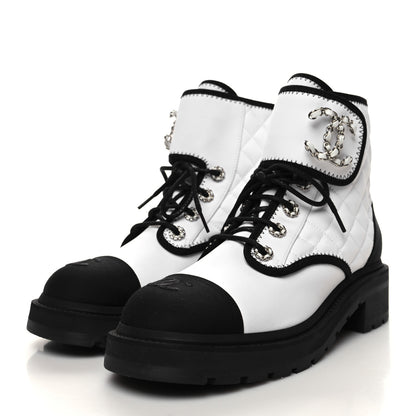 Chanel Fabric Grosgrain Quilted Cap Toe Lace Up Combat Boots 39.5 White Black 3 of 7