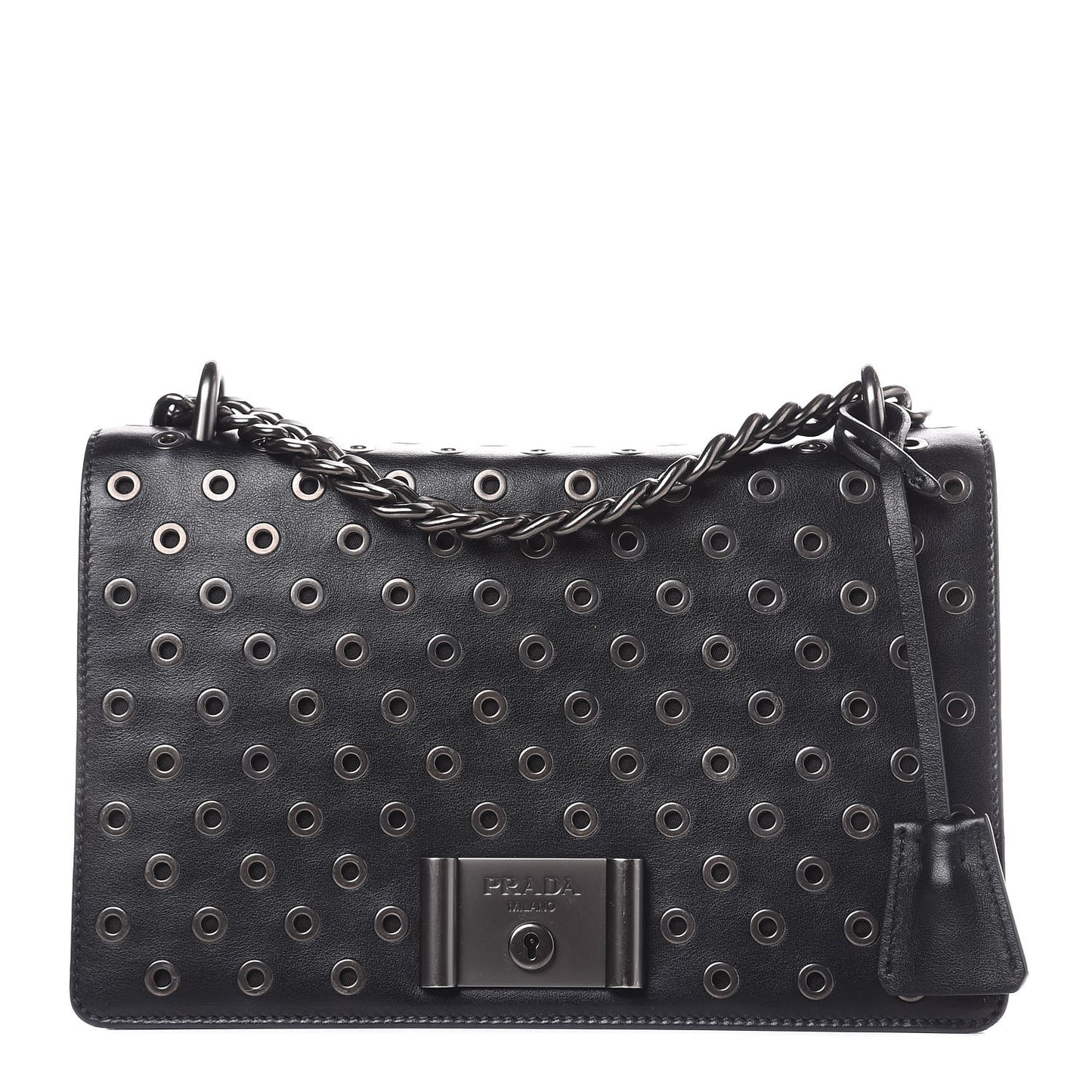 Soft Calf Grommet Lock Flap Chain Shoulder Bag Black