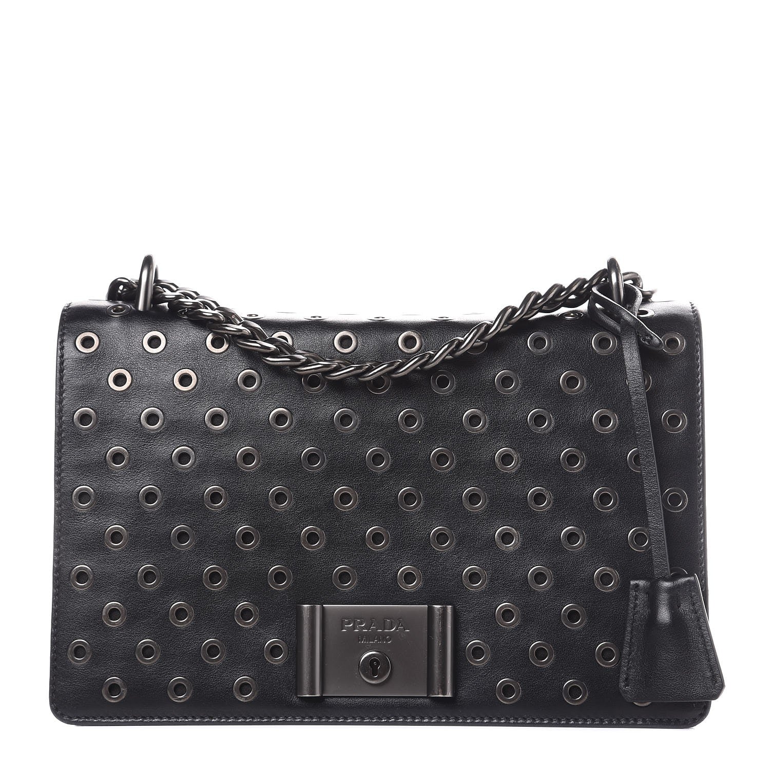 Prada Soft Calf Grommet Lock Flap Chain Shoulder Bag Black 1 of 7