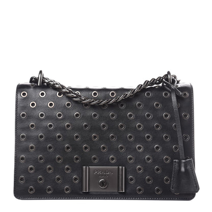 Prada Soft Calf Grommet Lock Flap Chain Shoulder Bag Black 1 of 7