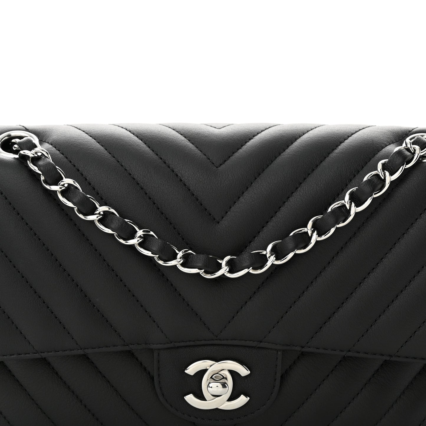 Calfskin Chevron Quilted Medium Double Flap Black