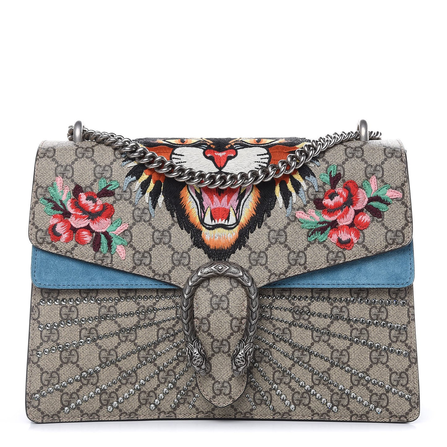 GG Supreme Monogram Angry Cat Embroidered Medium Dionysus Shoulder Bag Beige Ultramarine