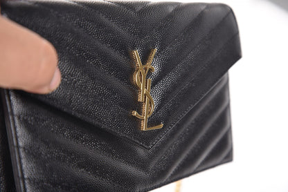 Saint Laurent Grain De Poudre Matelasse Chevron Monogram Envelope Chain Wallet Black 9 of 10