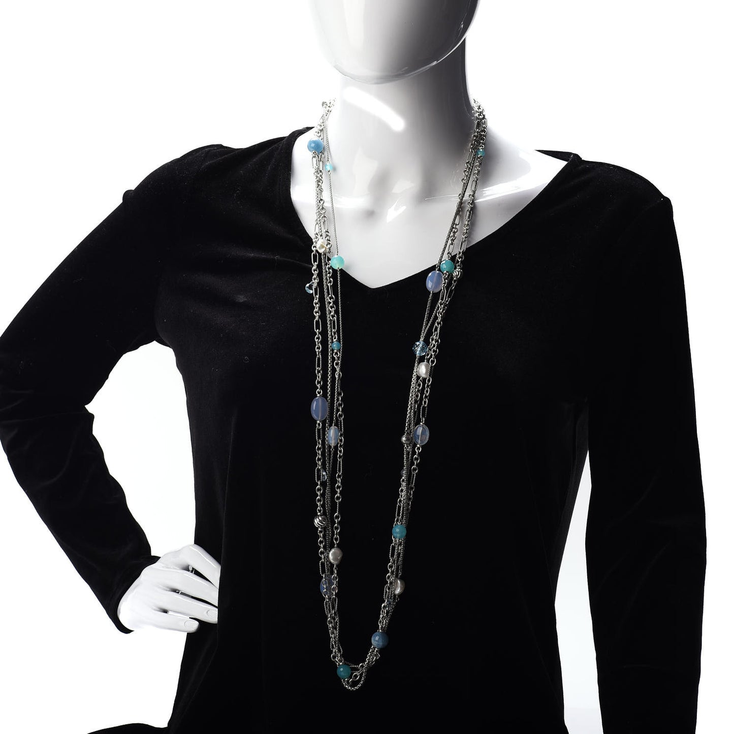 Sterling Silver Quartz Blue Topaz Pearl Chalcedony Aquamarine Multi Strand Necklace