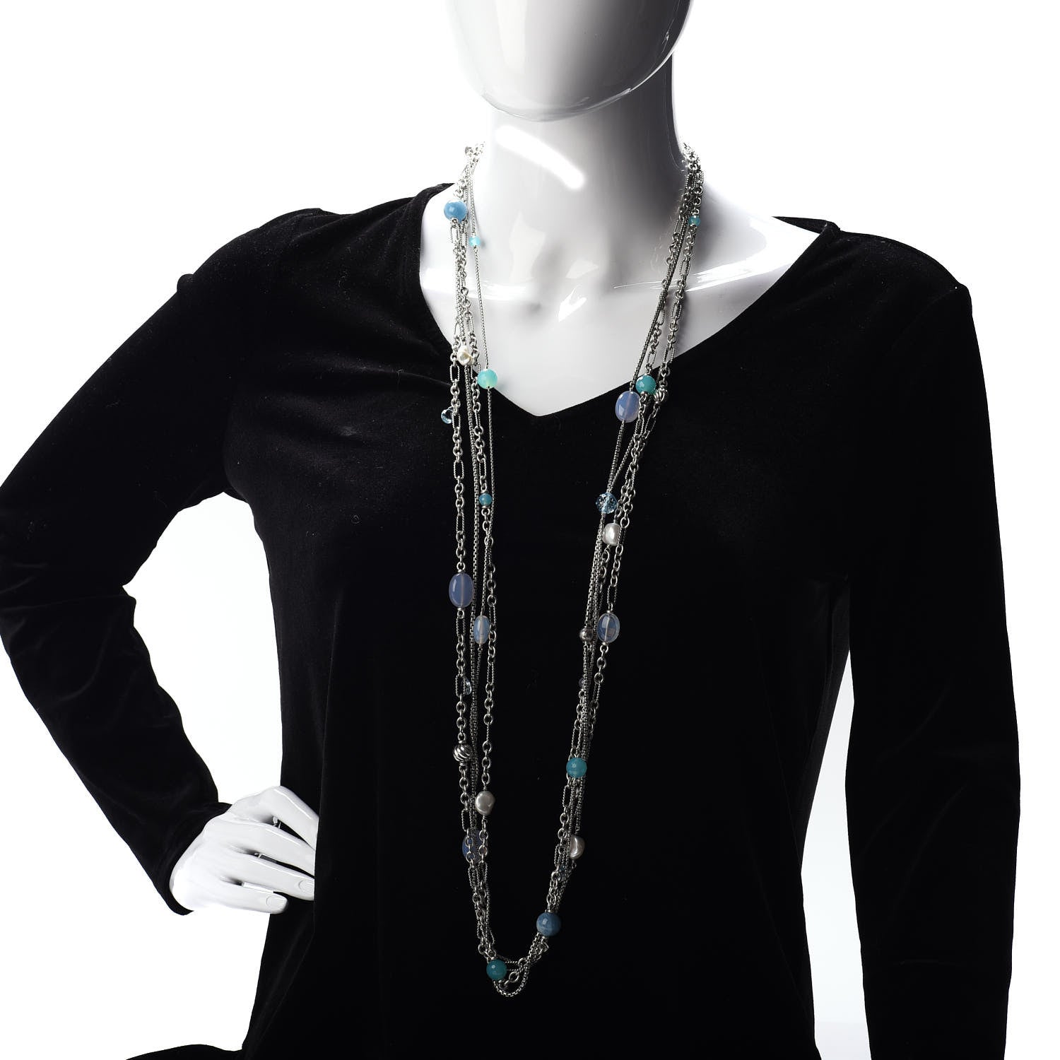 David Yurman Sterling Silver Quartz Blue Topaz Pearl Chalcedony Aquamarine Multi Strand Necklace 2 of 4