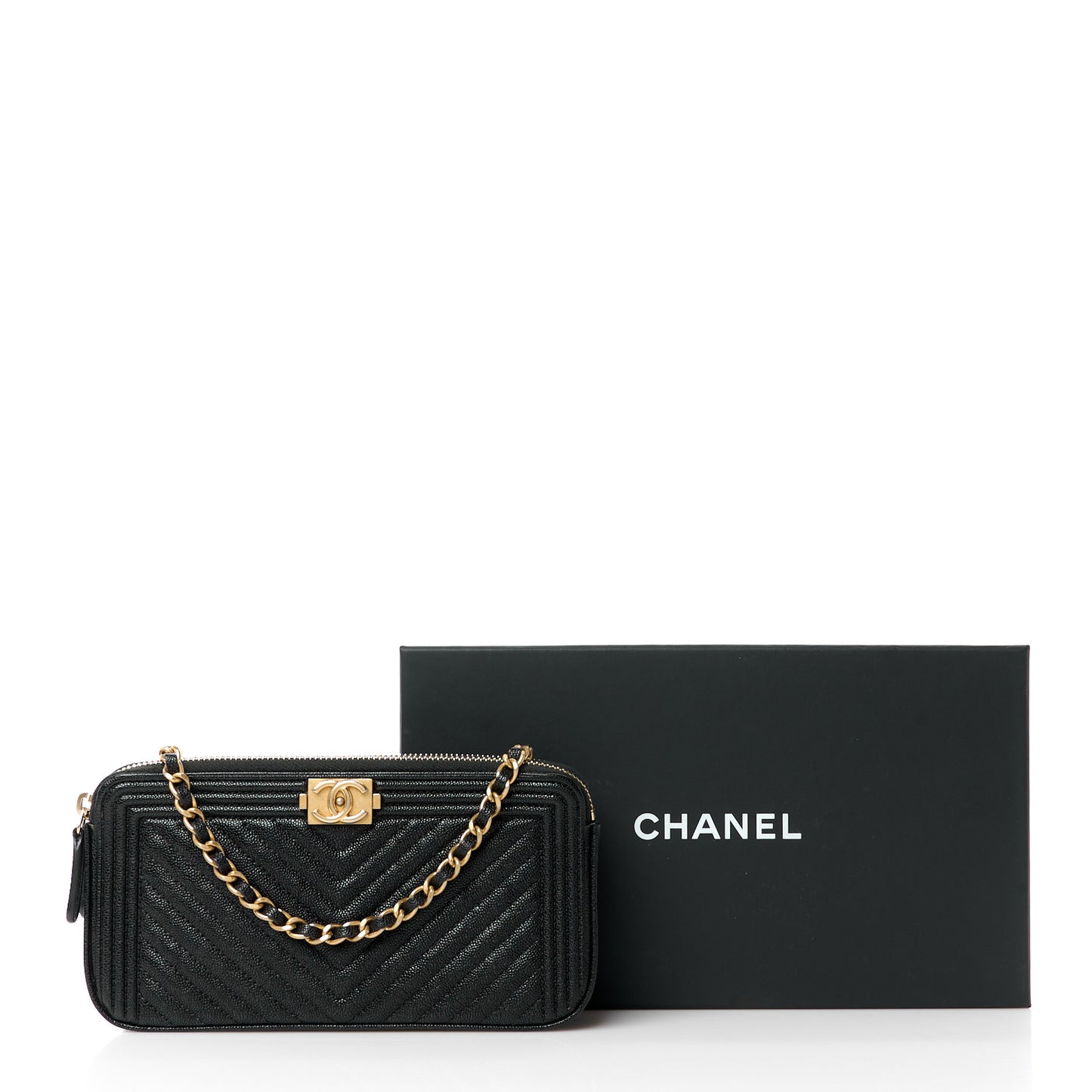 Caviar Chevron Small Boy Clutch With Chain Black