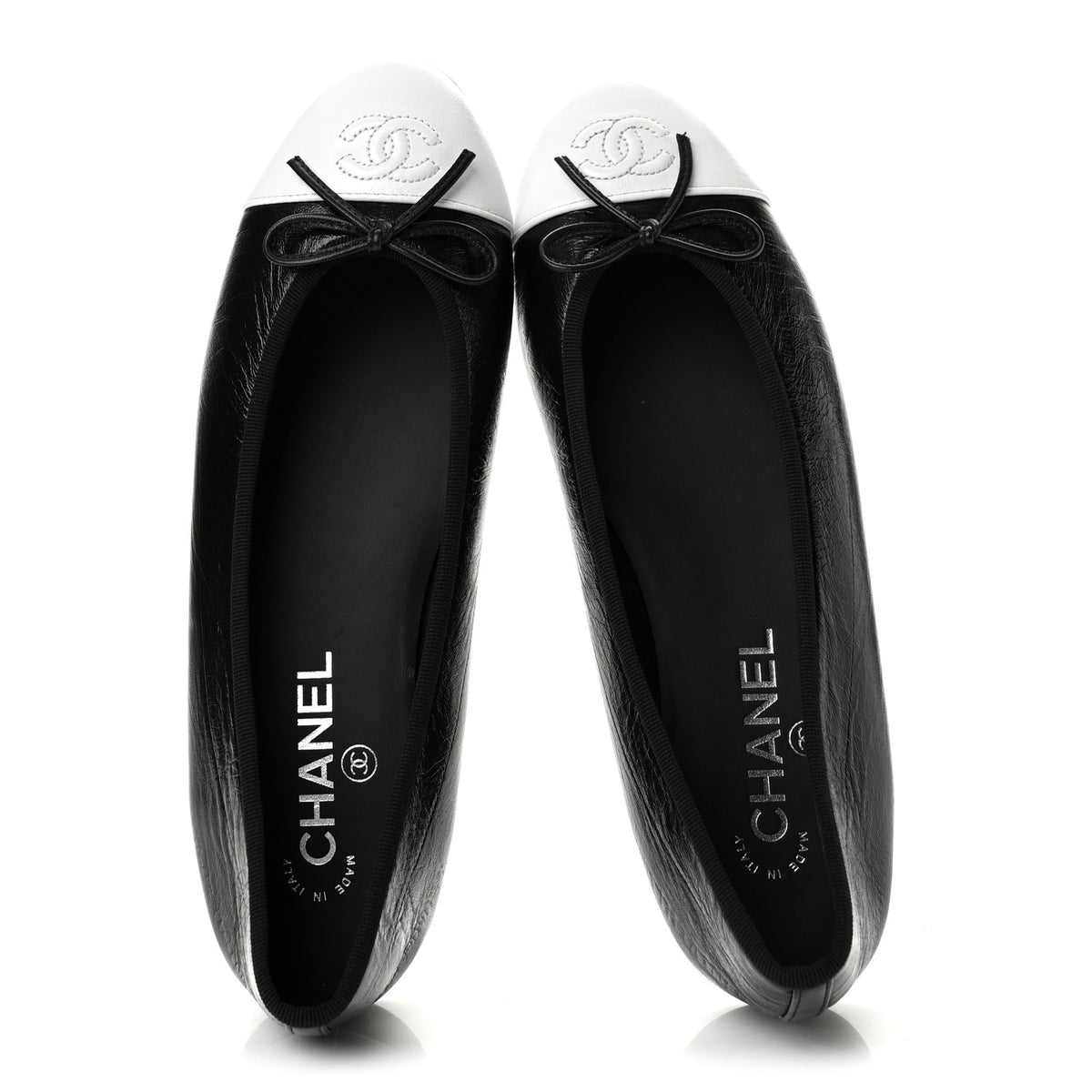 Chanel Crumpled Shiny Lambskin CC Cap Toe Ballerina Flats 39 Black White 2 of 10