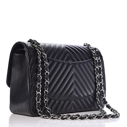 Chanel Caviar Chevron Quilted Jumbo Double Flap Black 3 of 11