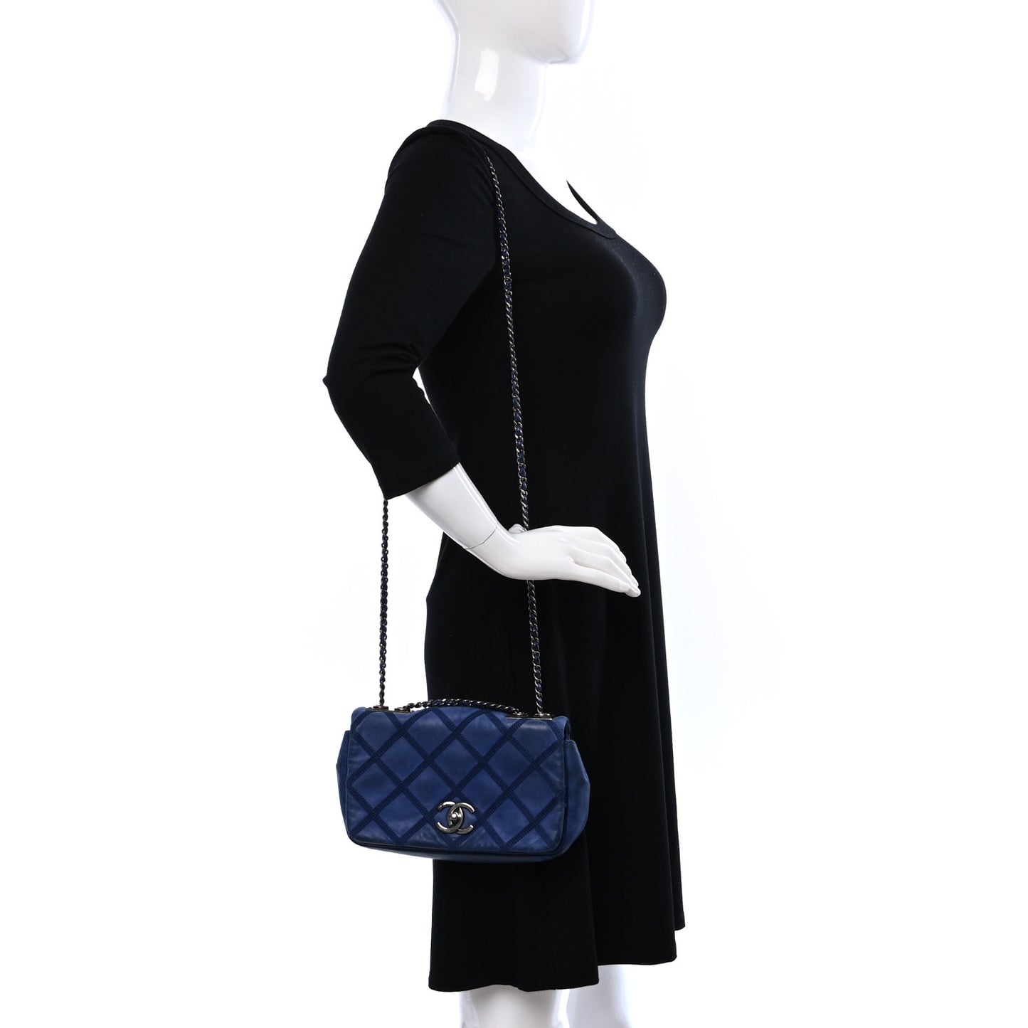 Iridescent Calfskin Diamond Embellished Medium Single Flap Blue