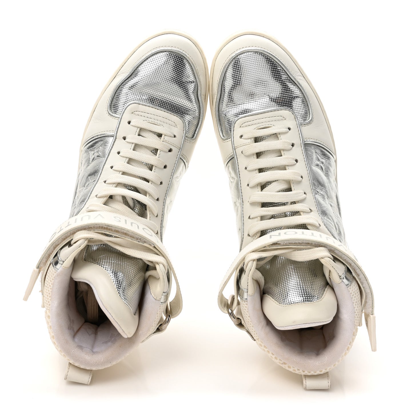 Metallic Calfskin Embossed Monogram Boombox Sneakers 37.5 White Silver