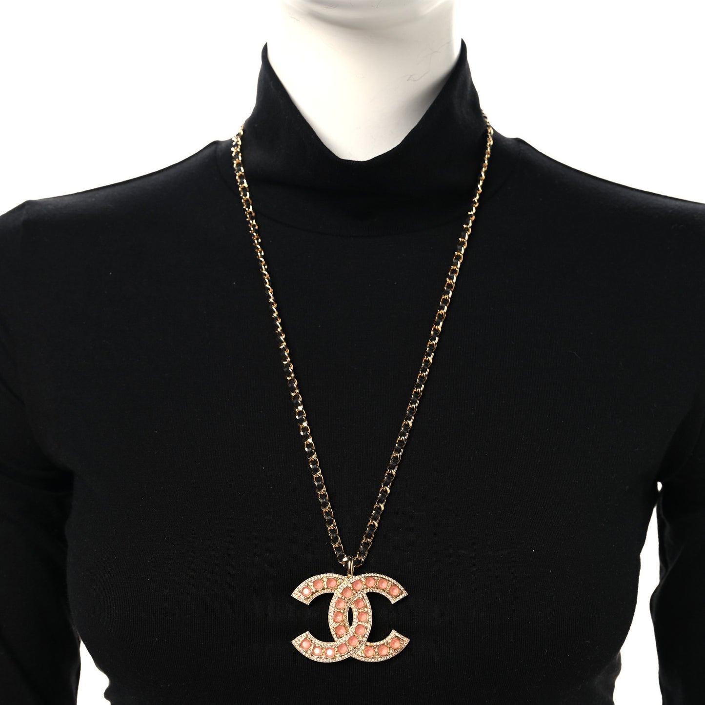 Pearl Crystal Lambskin Chain CC Dazzling Domino Necklace Gold Pink Black