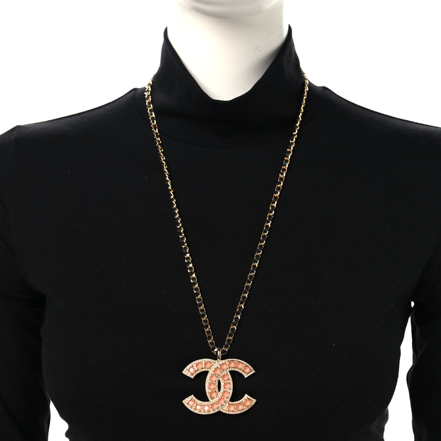 Chanel Pearl Crystal Lambskin Chain CC Dazzling Domino Necklace Gold Pink Black 2 of 5