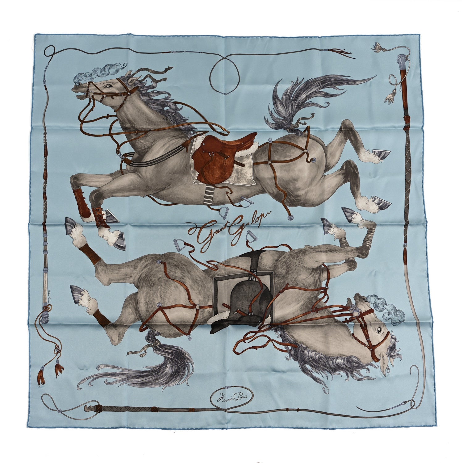 Hermes Silk Grand Galop Scarf 90 Bleu Ciel Gris Cuir 1 of 3