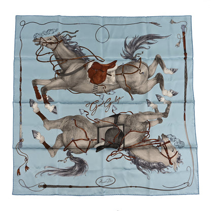 Hermes Silk Grand Galop Scarf 90 Bleu Ciel Gris Cuir 1 of 3