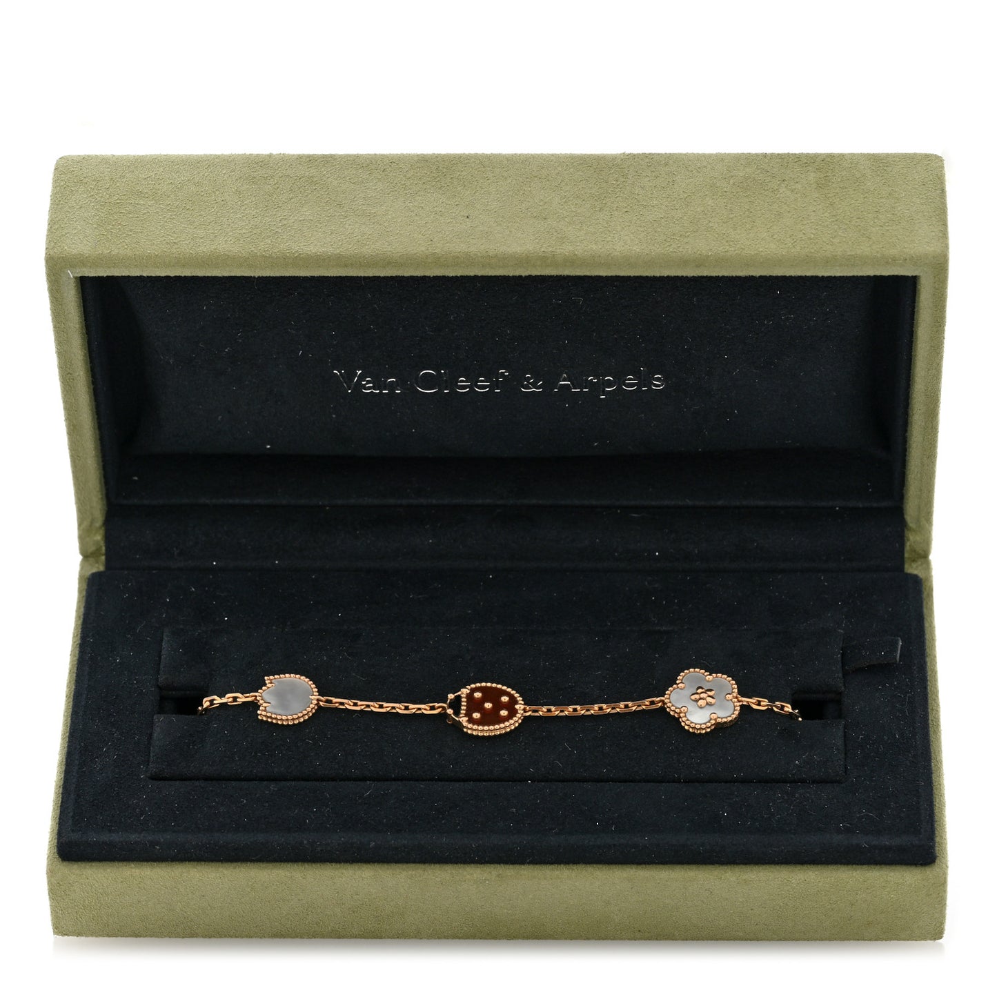 18K Rose Gold Carnelian Mother of Pearl Onyx 5 Motifs Lucky Spring Bracelet