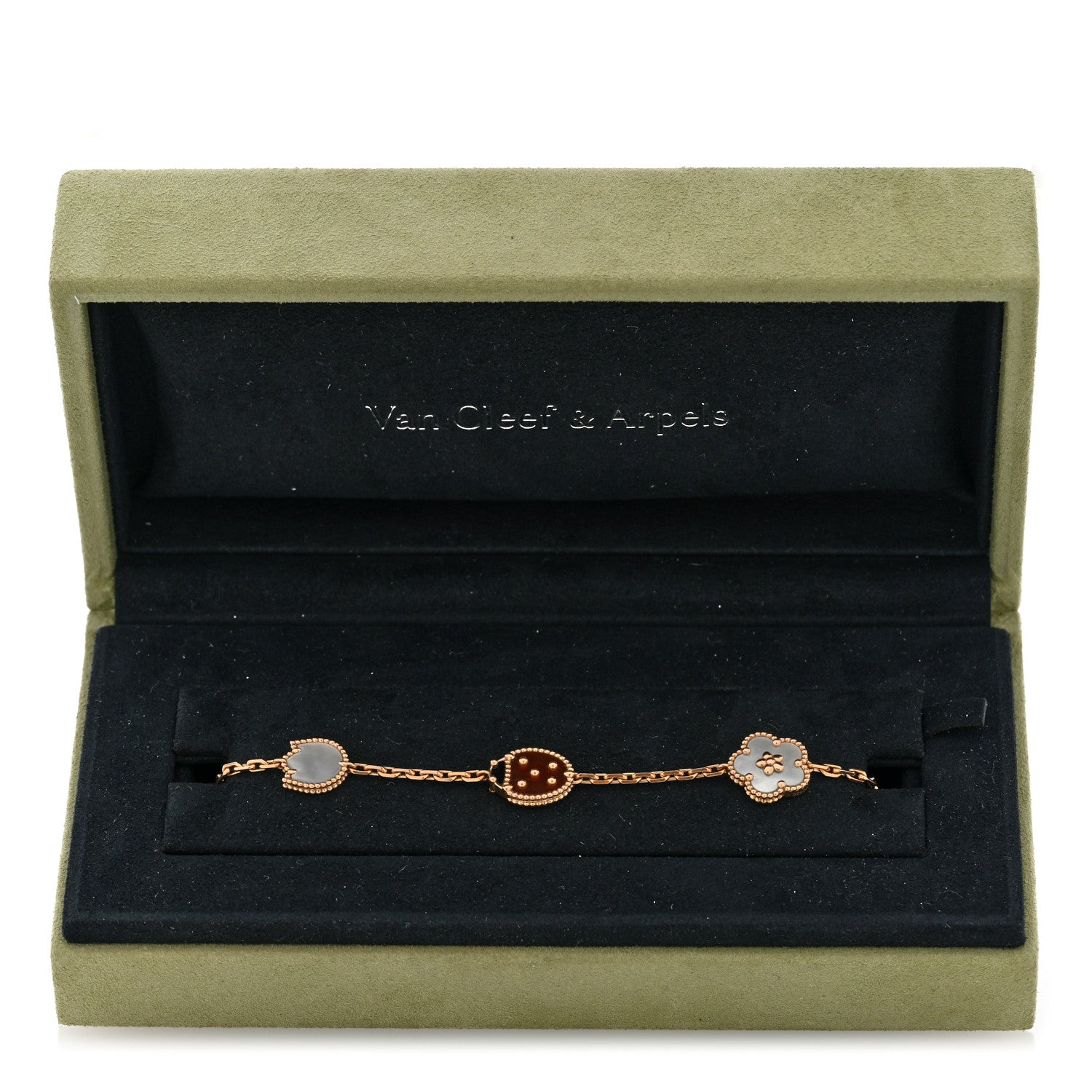 Van Cleef & Arpels 18K Rose Gold Carnelian Mother of Pearl Onyx 5 Motifs Lucky Spring Bracelet 4 of 4