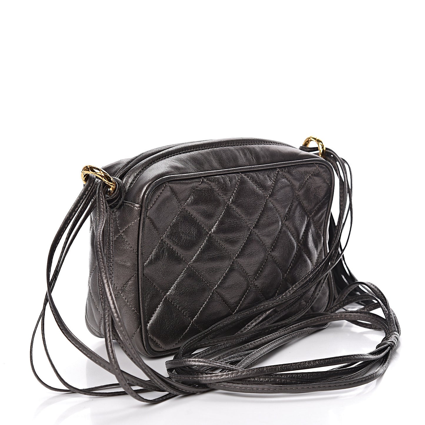 Metallic Lambskin Quilted Tassel Camera Case Dark Silver