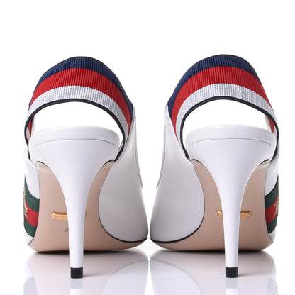 Gucci Malaga Kid Web Sylvie Mid Heel Slingback Pumps 38 White 6 of 11